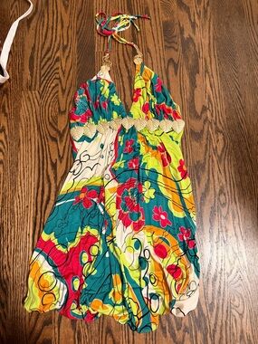 Sky Teal, Lime & Coral Floral Halter dress size small silk